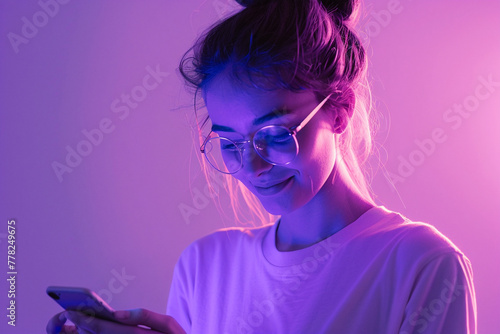 Young girl looks at the phone. Soft neon purple light all around