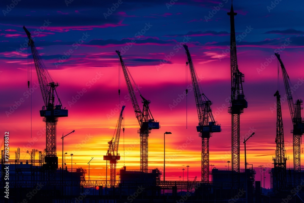Several cranes are darkened in silhouette against a colorful sunset backdrop at the seaport terminal