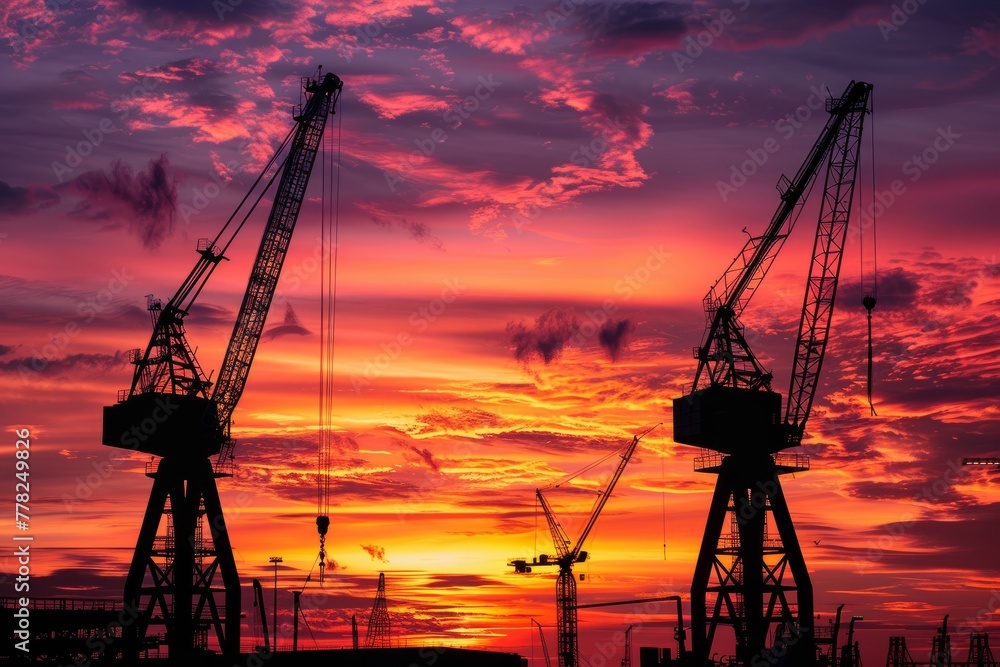 Two cranes stand tall against a vibrant sunset backdrop at the seaport terminal, creating striking silhouettes