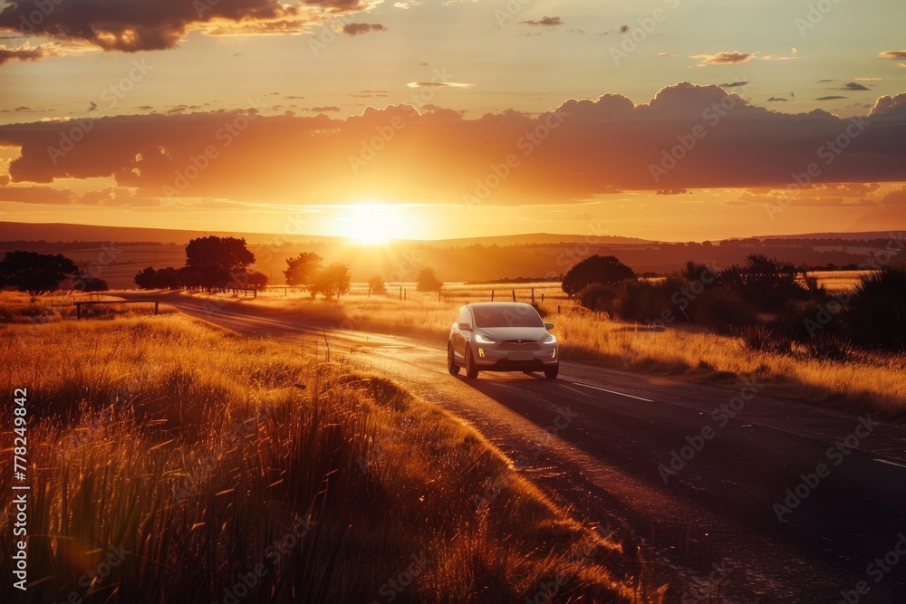 A car drives down a quiet country road as the sun sets, casting a warm glow over the landscape