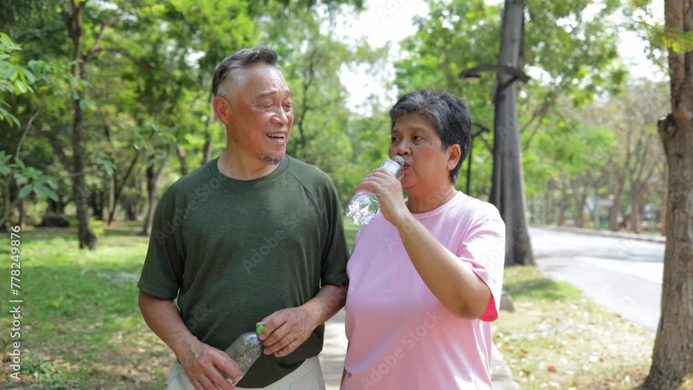 An elderly Asian couple walks for exercise in the park. Sports concept. Maintaining good health. An elderly Asian couple walks for exercise in the park. Sports concept. Maintaining good health.