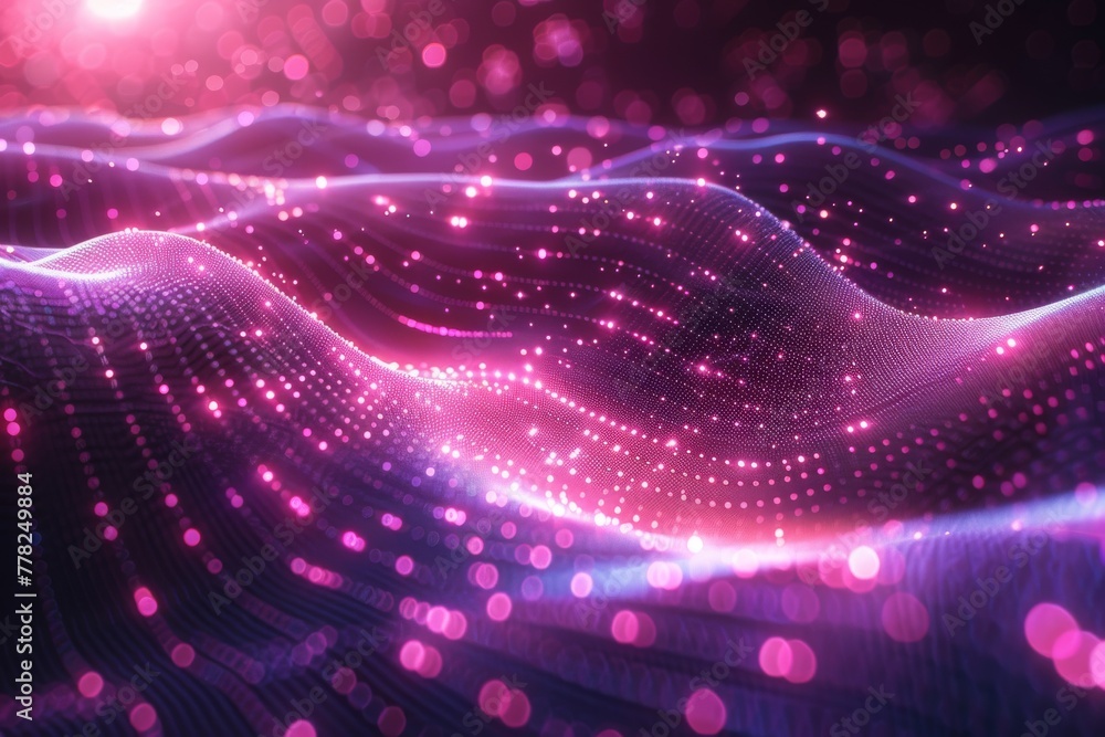 Fototapeta premium Dynamic digital particle waves flowing with bokeh effect