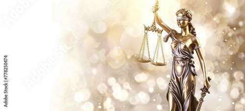 Glowing backdrop enhances depiction of Lady Justice holding scales and sword