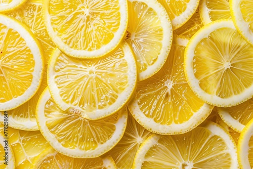 Bright yellow lemon slices arranged in an appealing and decorative pattern photo