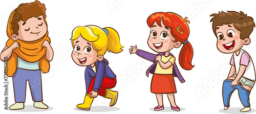  vector illustrations of children wearing clothes .children changing dresses and trousers.
