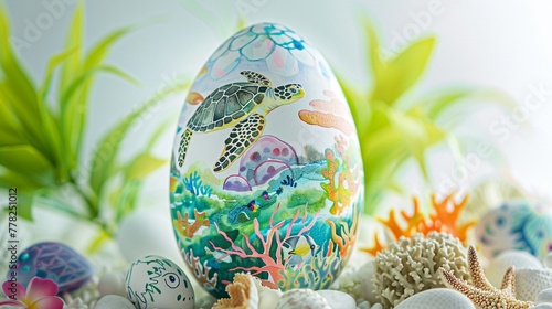 Create an Easter egg design featuring a serene underwater scene filled with graceful sea turtles, vibrant corals, and shimmering schools of fish in watercolor against a white backdrop