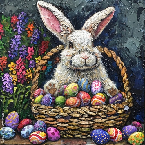 Easter Bunny depicted with a basket overflowing with vibrant, colorful eggs