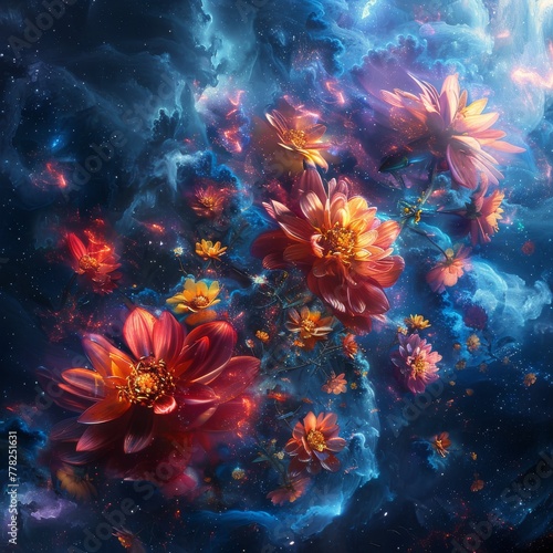 Flowers blooming in the vacuum of space surreal and vibrant