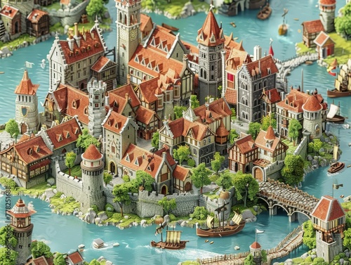 Isometric view of a bustling medieval city detailed and colorful