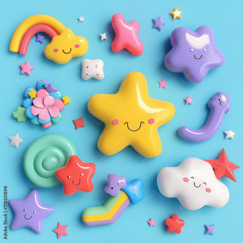 rainbow, stars and clouds, on a soft blue background. rainbow, stars and clouds, on a soft blue background.