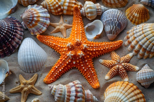 Group of Starfish and Seashells on Sandy Beach