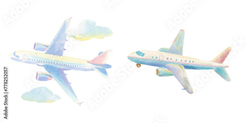 airplane flying watercolor vector illustration