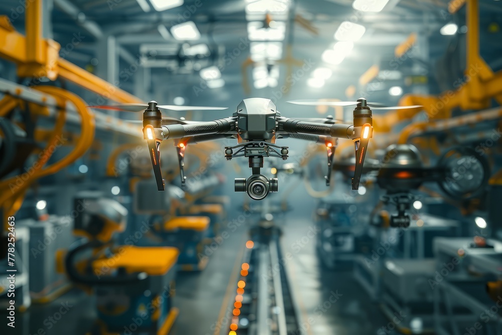 A robotic arm lifts a drone from the assembly line inside a bustling factory, showcasing the large machine at work
