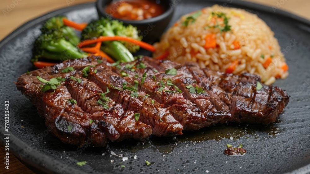Grilled beef steak with rice and vegetables on a black plate.