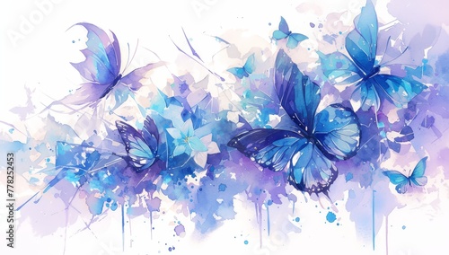 Watercolor butterflies in turquoise and purple colors on a white background with splashes of watercolor 