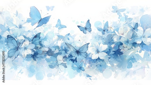 Watercolor butterflies in various shades of blue, flying around a white background with splashes and dots, creating an abstract and dreamy composition.  photo