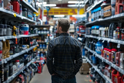 A man standing in a store aisle, carefully looking at items on the shelves filled with auto parts as he browses the stores inventory