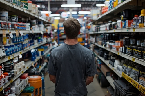 A man stands in a store aisle, carefully examining the shelves filled with various auto parts photo