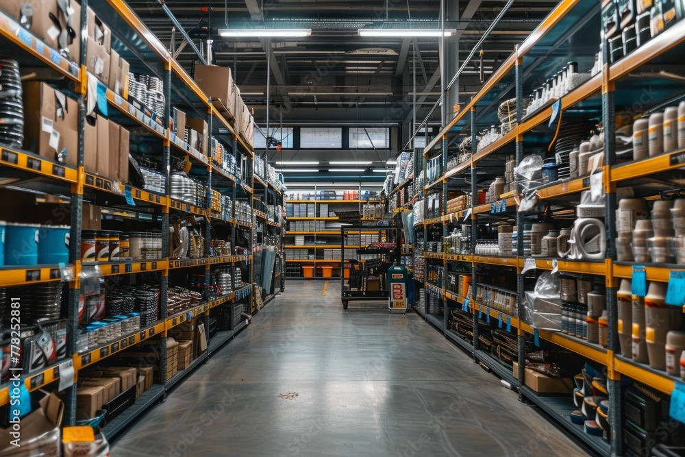A wide shot of a commercial auto parts store filled with shelves stocked with various items