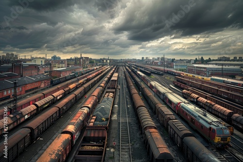 A bustling train yard with numerous trains lined up under a cloudy sky, showcasing industrial activity