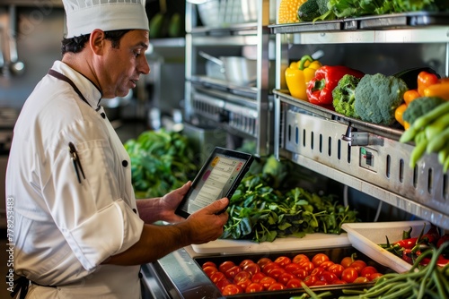 A chef is attentively looking at a tablet device in a busy kitchen, likely monitoring orders or recipes