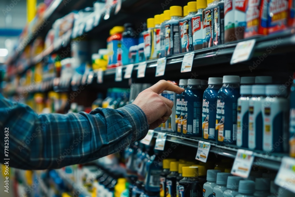A person browsing store shelves picks up a bottle of mouthwash