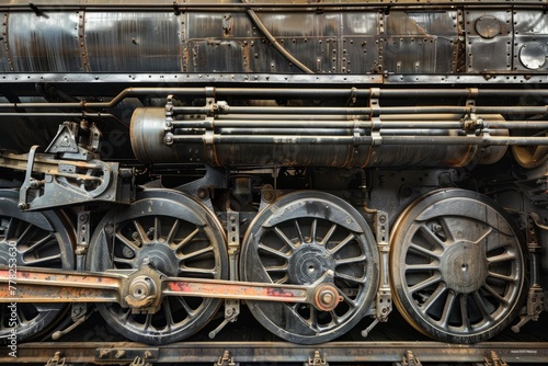 Detailed view of the wheels of a train, showing intricate mechanics and metal components in a close-up shot
