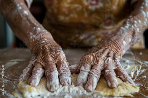 A close-up view of a seniors hands engaged in kneading dough on a table