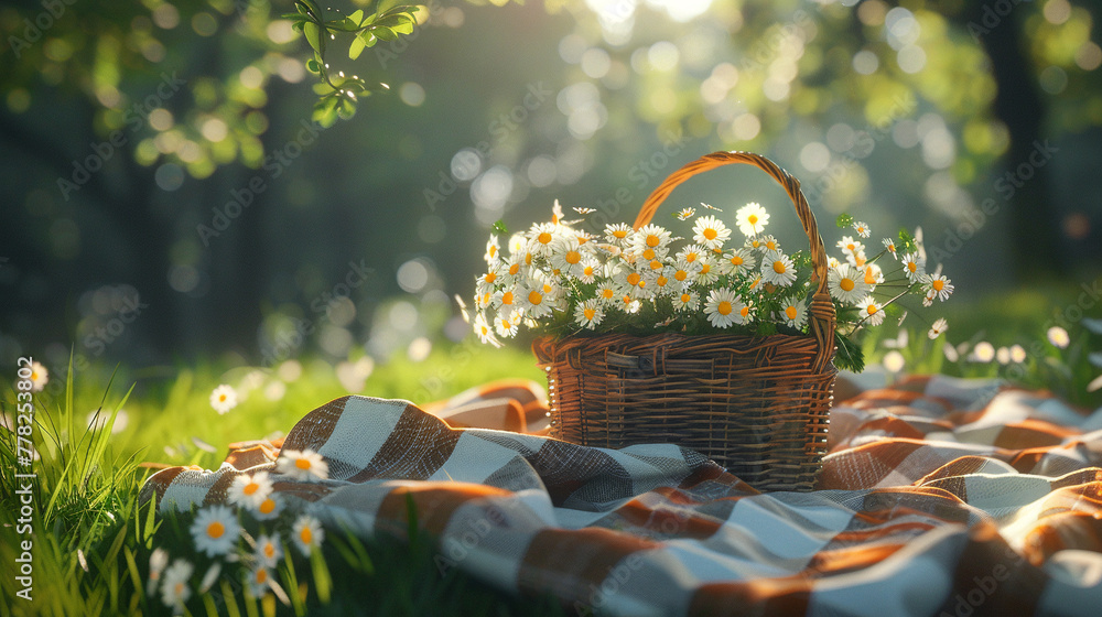 Wicker basket with flowers stands on bedspread. The photo was taken in the park. Plenty of sunshine. Background with blur effect Wicker basket with flowers stands on bedspread. The photo was taken in the park. Plenty of sunshine. Background with blur effect
