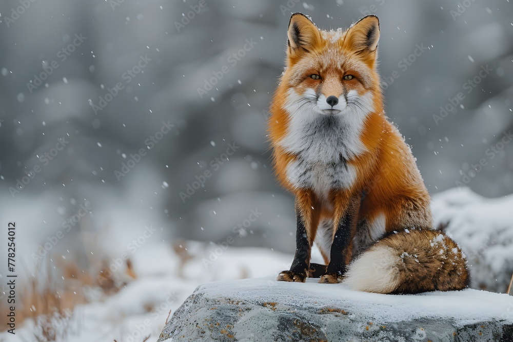 Red Fox Sitting on Top of a Rock in the Snow