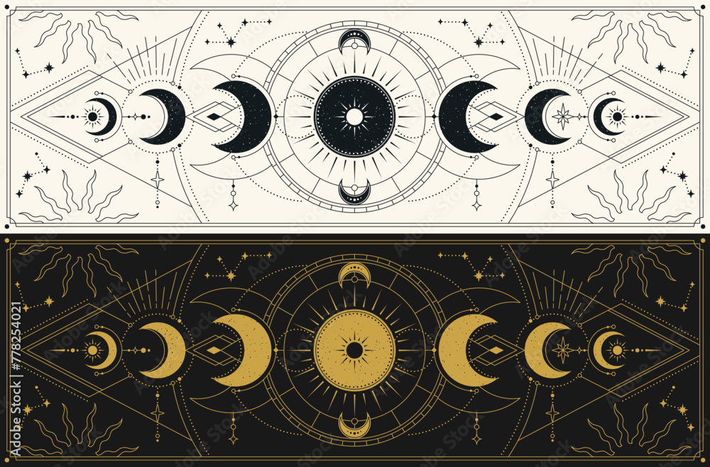 Moon phases. Set of mystical drawings with sacred lunar activity. Magical astrological symbols with mysterious geometry, crescent and moon stages. Cartoon flat vector illustration collection - obrazy, fototapety, plakaty 
