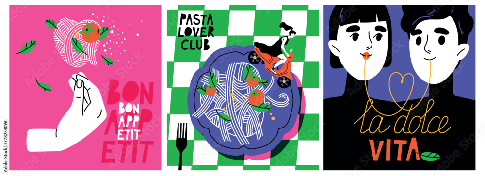 World pasta day poster set. Collection of abstract banners with characters eating spaghetti. Traditional Italian food. Cafe menu design. Cartoon flat vector illustrations isolated on white background