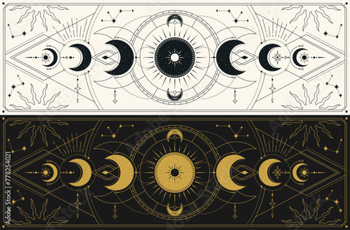 Moon phases. Set of mystical drawings with sacred lunar activity. Magical astrological symbols with mysterious geometry, crescent and moon stages. Cartoon flat vector illustration collection
