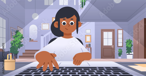 Young African American woman working at laptop in light room interior. Сoncept of remote work or small business at home. Flat vector illustration