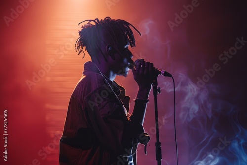 A man with dreadlocks stands in front of a microphone, ready to speak or perform