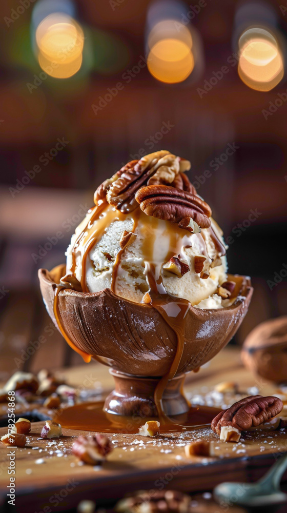 A scoop of butter pecan ice cream served in a pecan shell, garnished with toasted pecans and a drizzle of caramel saucedelicious food style, blur background, natural look