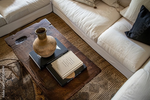 A top-down view of a wooden table featuring a book and a vase placed on its surface