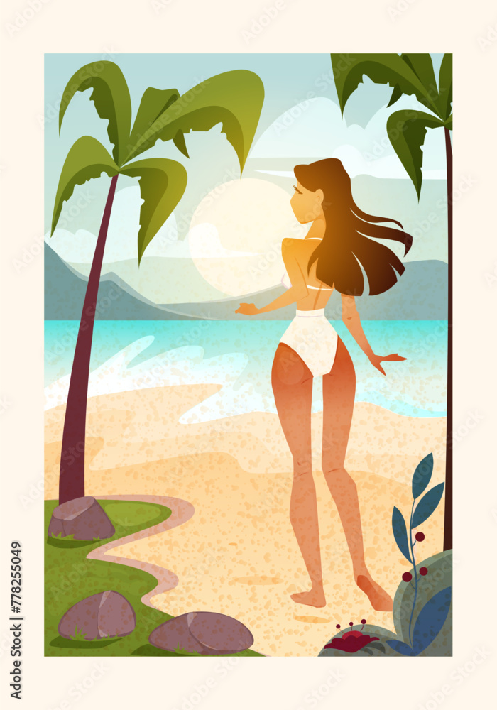 Summer vacation poster. Colorful cover with girl in bikini relaxing on beach of tropical island. Seascape with palm trees and sunrise. Cartoon flat vector illustration isolated on white background