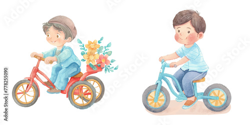 cute kid with tricycle watercolor vector illustration