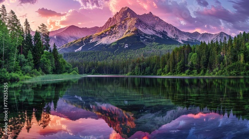 lake in the mountains with forest at pink sunset