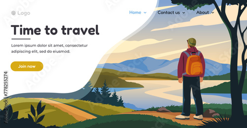 Time to travel. Landing page template with mountain landscape and man looking at horizon. Tourism, hiking and outdoor recreation. Vacation and journey to nature. Cartoon flat vector illustration