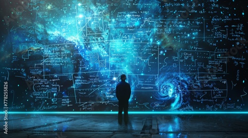 a stoic figure standing in front of a wall filled with equations. theory of everything. solve equations. wall sized glowing computer screen. scribbles of calculations and code. digital art