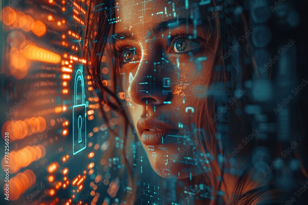 A tech padlock, symbolizing data protection and online safety, takes center stage on a screen as dazzling futuristic video frames erupt around it, captivating a beautiful young woman.