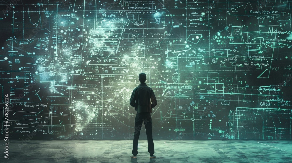 a stoic figure standing in front of a wall filled with equations. theory of everything. solve equations. wall sized glowing computer screen. scribbles of calculations and code. digital art