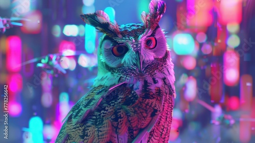 Owl-automaton perched, watching over a neon city, feathers articulated with micro drones, Generative Ai