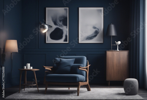 Chair with lamp and coffee table in living room interior dark blue wall mock up background 3D render