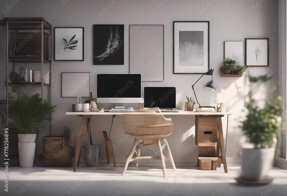 Comfortable working place office decor 3d render Comfortable working place office decor 3d render