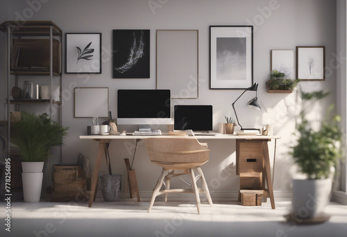 Comfortable working place office decor 3d render