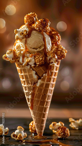 A scoop of caramel swirl ice cream served in a caramel-coated cone, topped with caramel popcorn and a caramel drizzledelicious food style, blur background, natural look