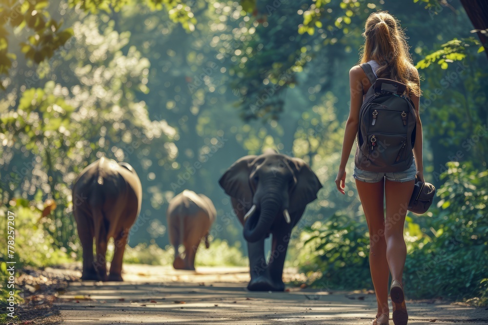 Fototapeta premium Young Woman with Backpack Walking on Jungle Path Observing Elephants in Natural Habitat